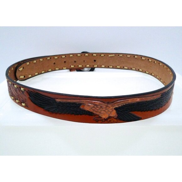 Vintage Tooled Leather Belt with Eagles and Painted Details - Size 42 - Picture 1 of 10